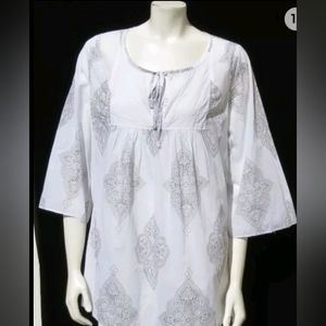 XCVI USA White Gray Print Gauzy Cotton Peasant Shirt Tunic Top size US L EUC